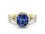 Yellow gold Cushion Cut Blue Sapphire  Halo Twist Band Solitaire Prong Setting Ring_42