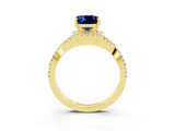 Yellow gold Cushion Cut Blue Sapphire  Halo Twist Band Solitaire Prong Setting Ring_45