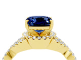 Yellow gold Cushion Cut Blue Sapphire  Halo Twist Band Solitaire Prong Setting Ring_46