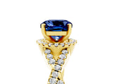 Yellow gold Cushion Cut Blue Sapphire  Halo Twist Band Solitaire Prong Setting Ring_47