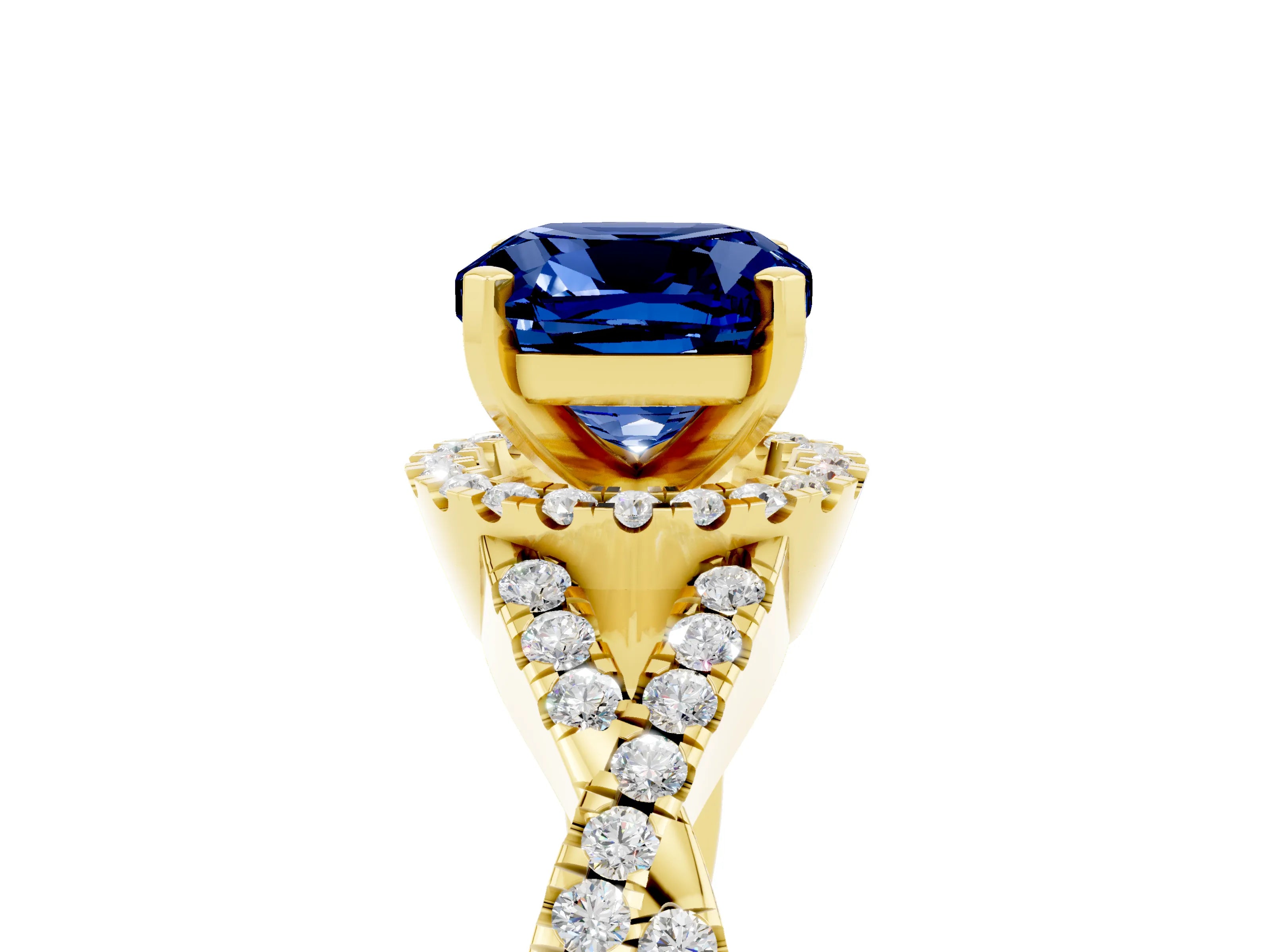 Yellow gold Cushion Cut Blue Sapphire Halo Twist Band Solitaire Prong Setting Ring_5
