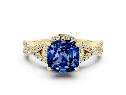Yellow gold Cushion Cut Blue Sapphire Halo Twist Band Solitaire Prong Setting Ring