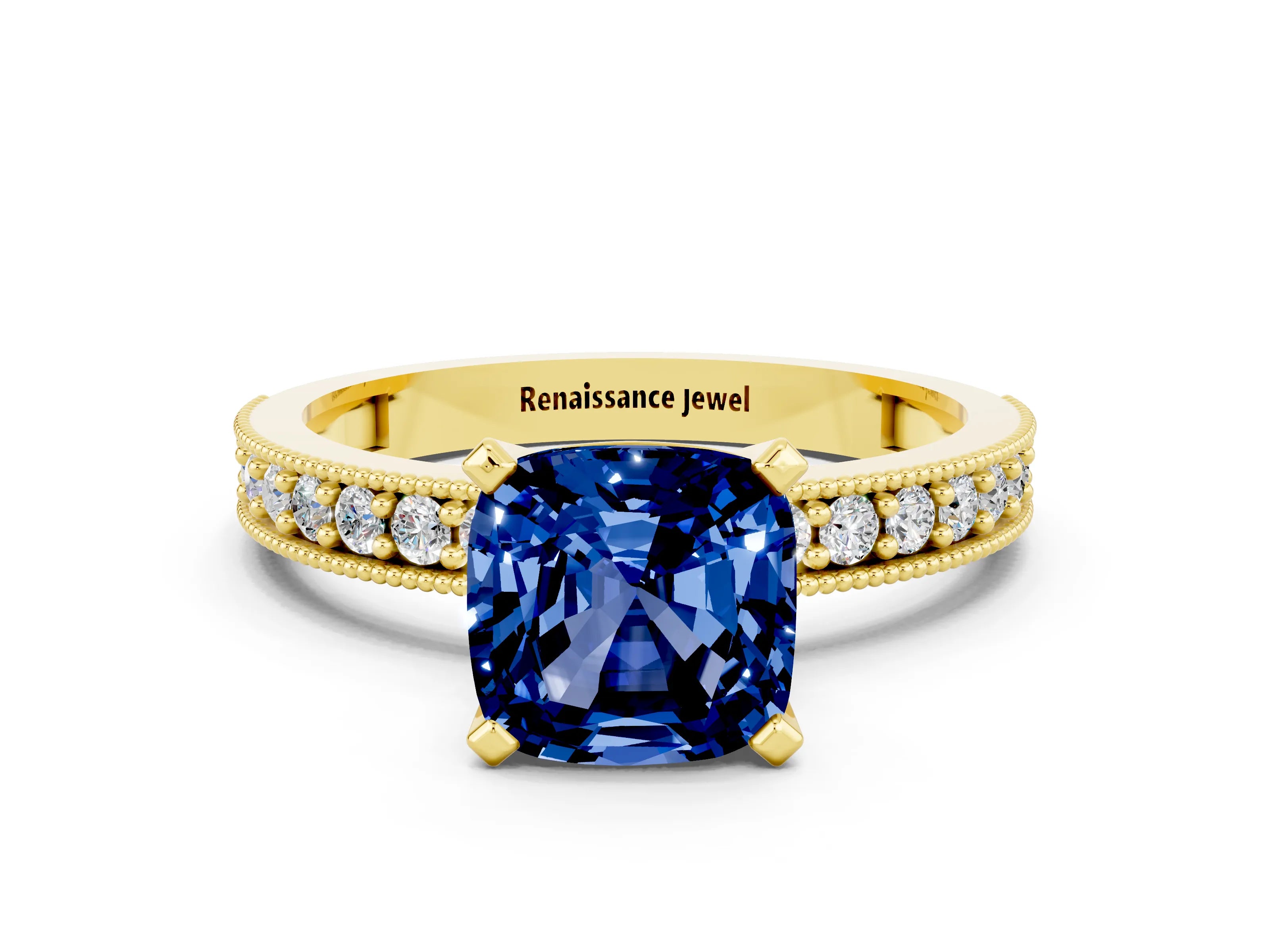 Yellow gold Cushion Cut Blue Sapphire Milgrain Pavé Engagement Ring with Four-Prong Setting_12