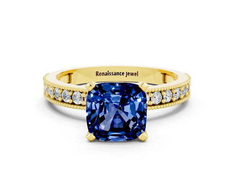 Yellow gold Cushion Cut Blue Sapphire Milgrain Pavé Engagement Ring with Four-Prong Setting_12