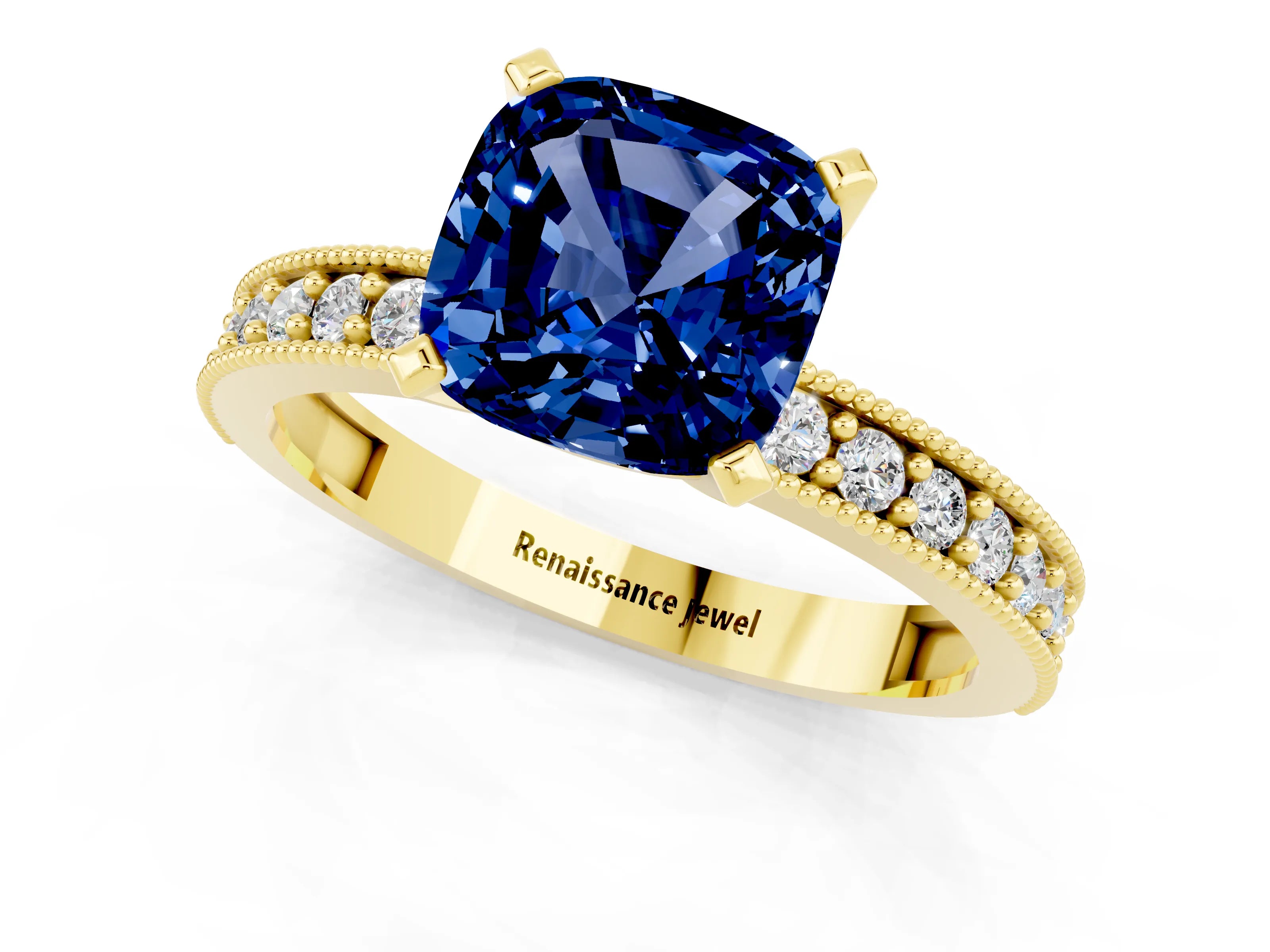 Yellow gold Cushion Cut Blue Sapphire Milgrain Pavé Engagement Ring with Four-Prong Setting_13