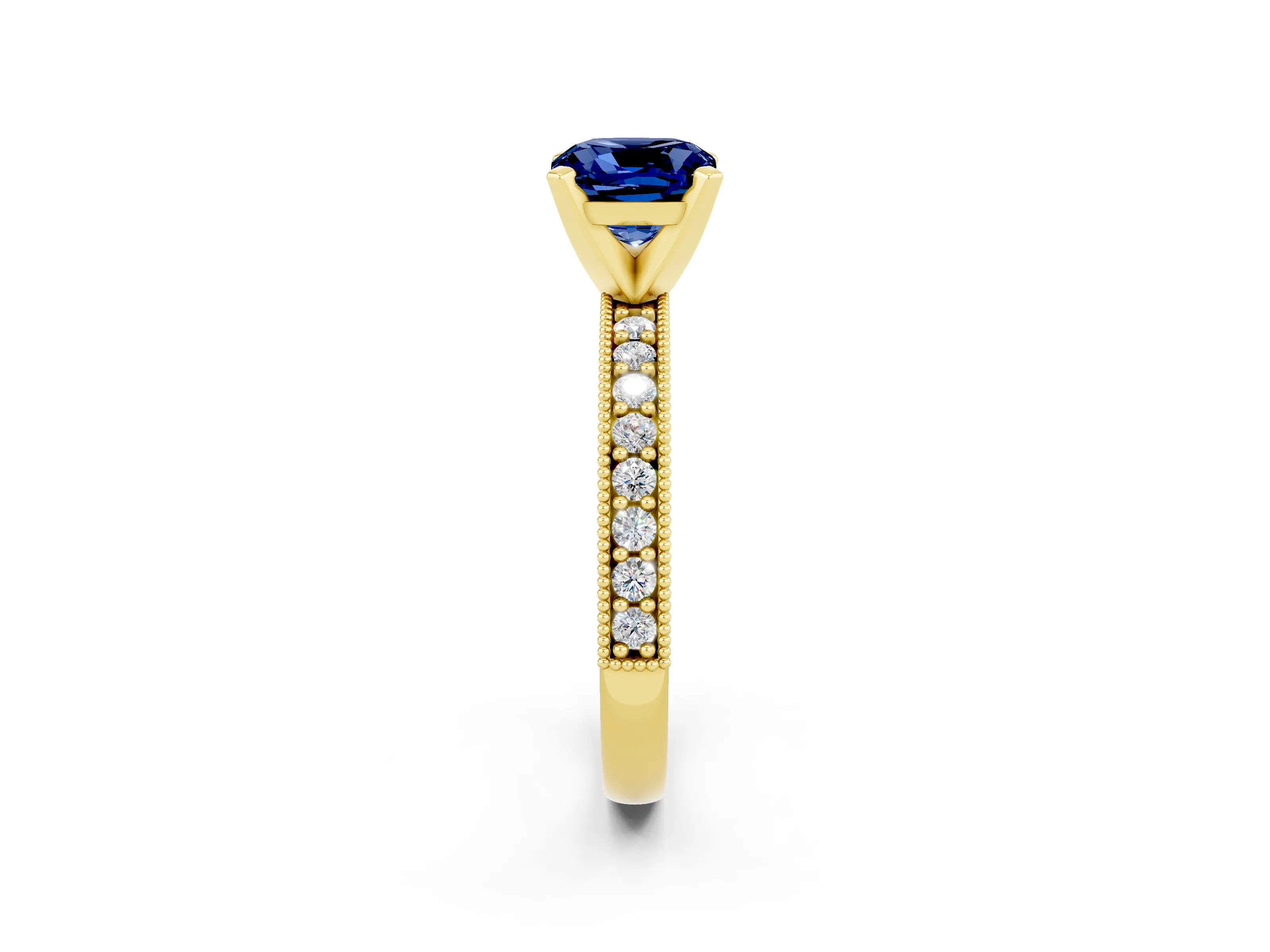 Yellow gold Cushion Cut Blue Sapphire Milgrain Pavé Engagement Ring with Four-Prong Setting_14