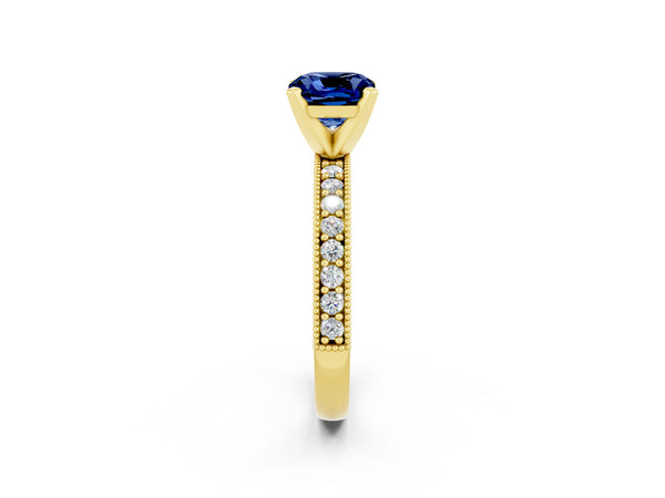 Yellow gold Cushion Cut Blue Sapphire Milgrain Pavé Engagement Ring with Four-Prong Setting
