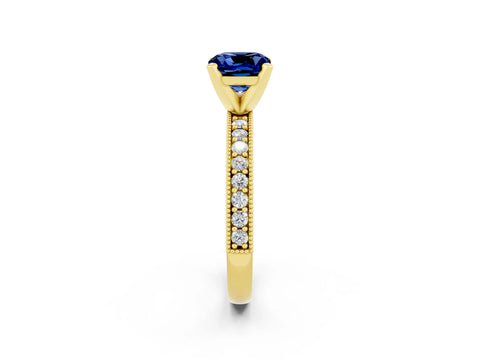 Yellow gold Cushion Cut Blue Sapphire Milgrain Pavé Engagement Ring with Four-Prong Setting_14