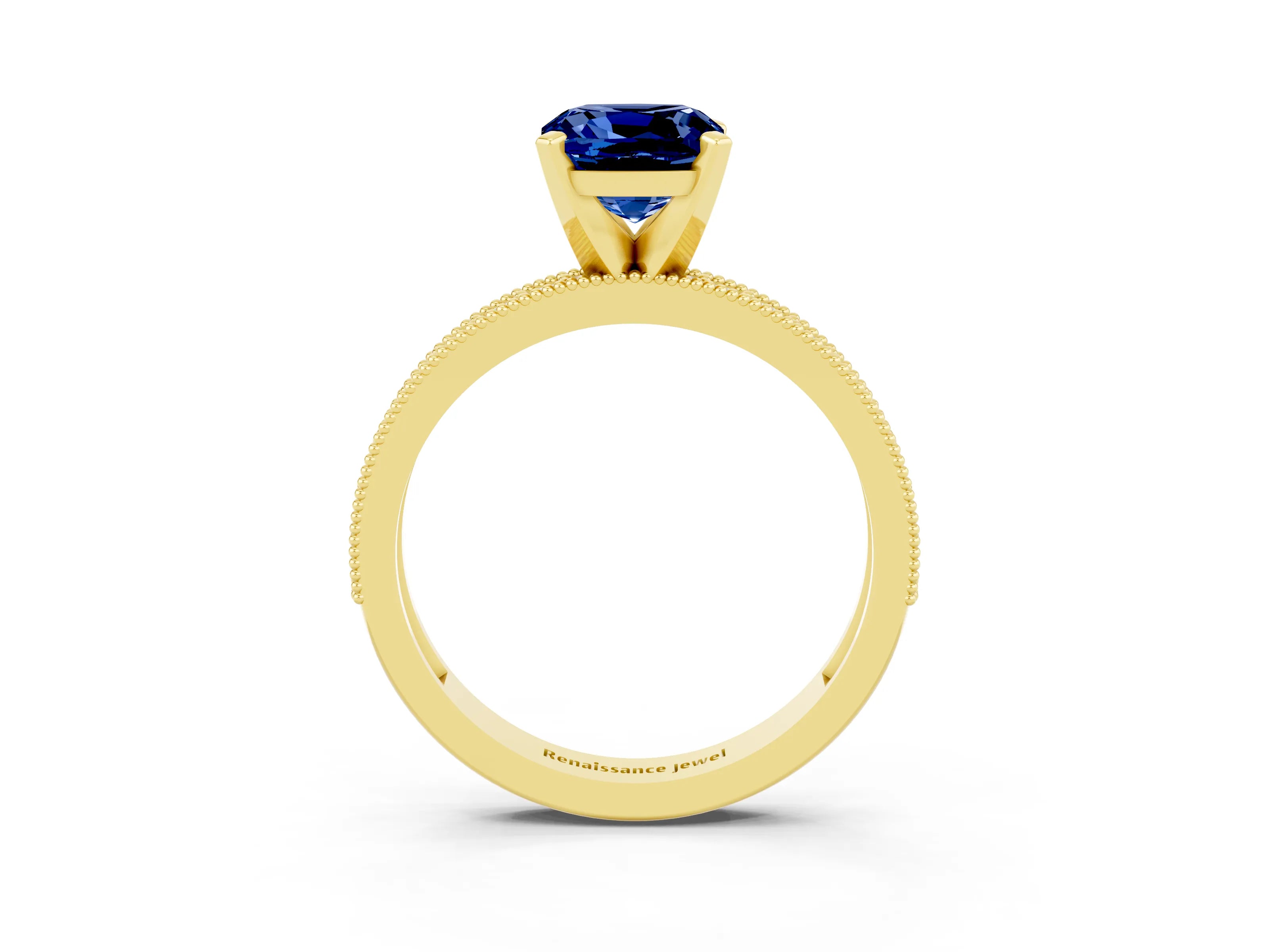 Yellow gold Cushion Cut Blue Sapphire Milgrain Pavé Engagement Ring with Four-Prong Setting_15