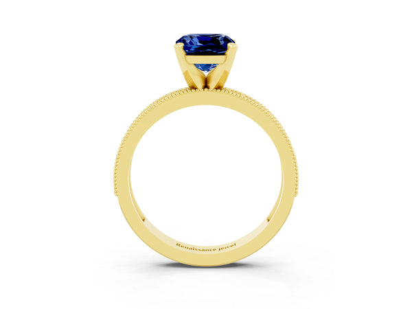 Yellow gold Cushion Cut Blue Sapphire Milgrain Pavé Engagement Ring with Four-Prong Setting