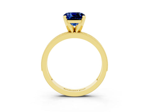 Yellow gold Cushion Cut Blue Sapphire Milgrain Pavé Engagement Ring with Four-Prong Setting_15