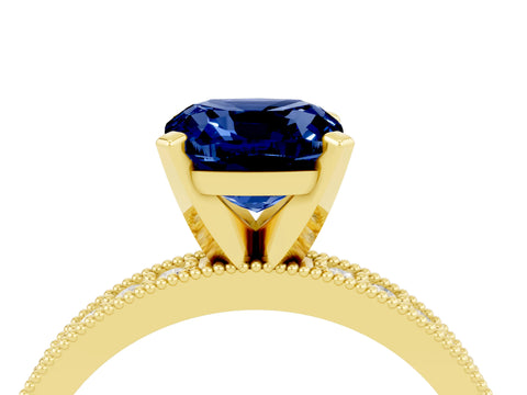 Yellow gold Cushion Cut Blue Sapphire Milgrain Pavé Engagement Ring with Four-Prong Setting_16