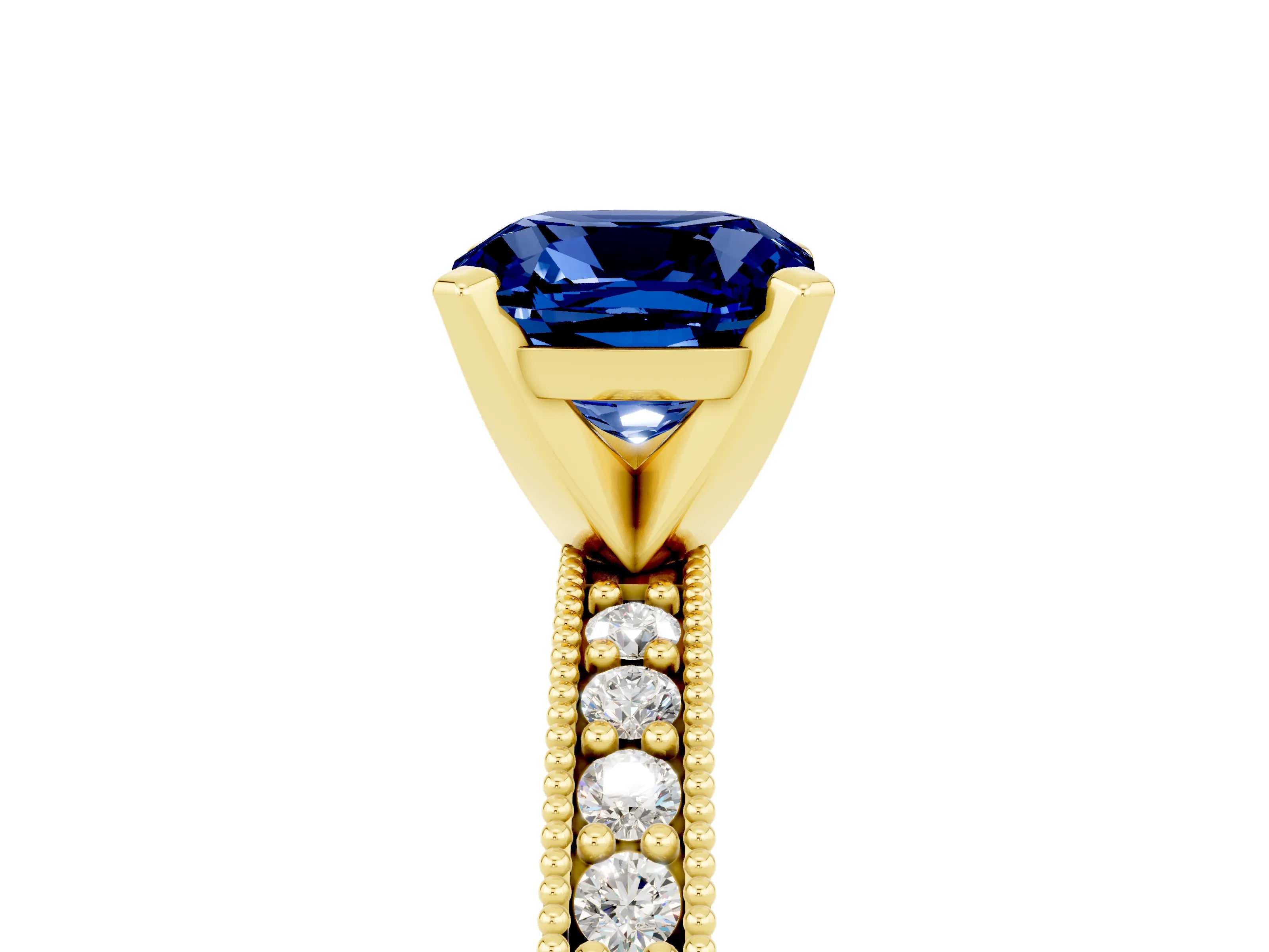 Yellow gold Cushion Cut Blue Sapphire Milgrain Pavé Engagement Ring with Four-Prong Setting_17