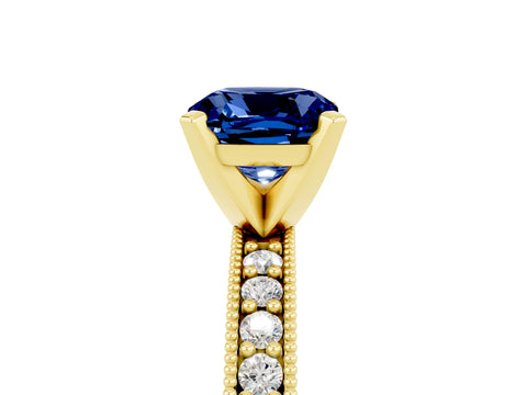 Yellow gold Cushion Cut Blue Sapphire Milgrain Pavé Engagement Ring with Four-Prong Setting_17