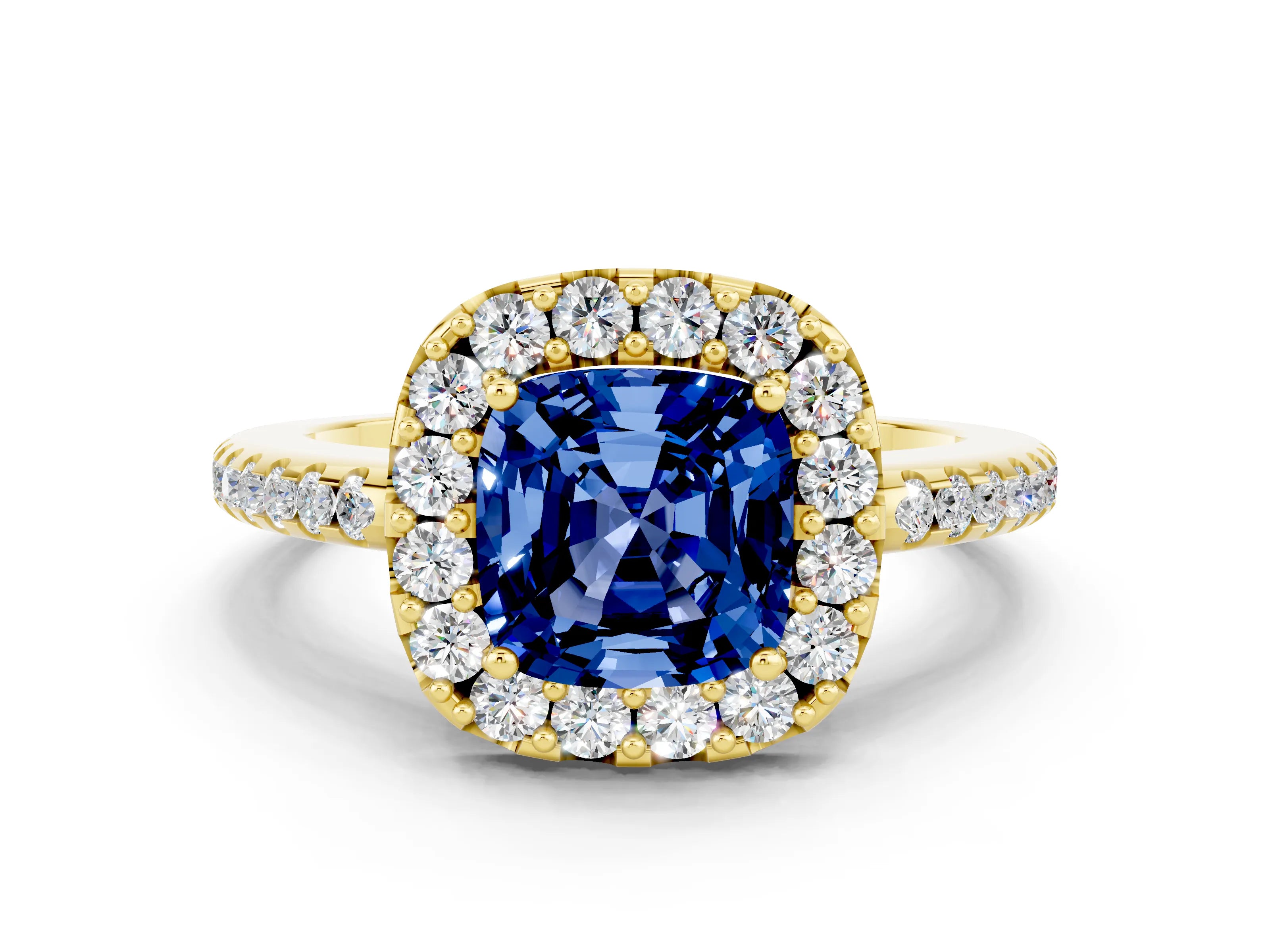 Yellow gold Cushion Cut Blue Sapphire Pavé Halo Ring with Four-Prong Setting_12