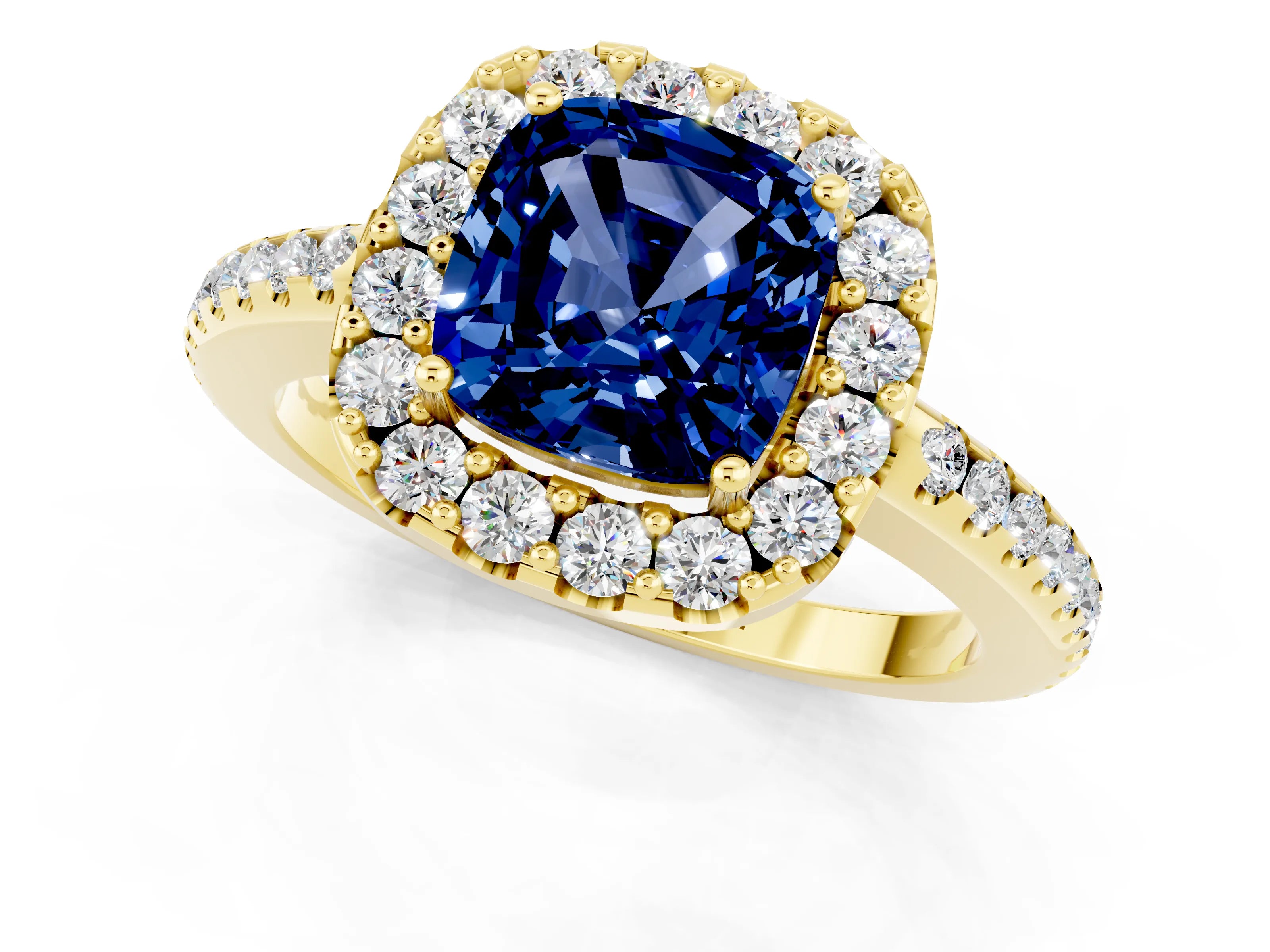 Yellow gold Cushion Cut Blue Sapphire Pavé Halo Ring with Four-Prong Setting_13