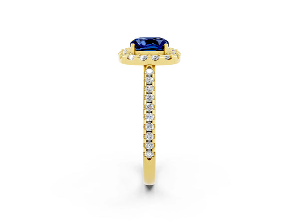 Yellow gold Cushion Cut Blue Sapphire Pavé Halo Ring with Four-Prong Setting