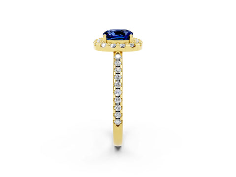 Yellow gold Cushion Cut Blue Sapphire Pavé Halo Ring with Four-Prong Setting_14
