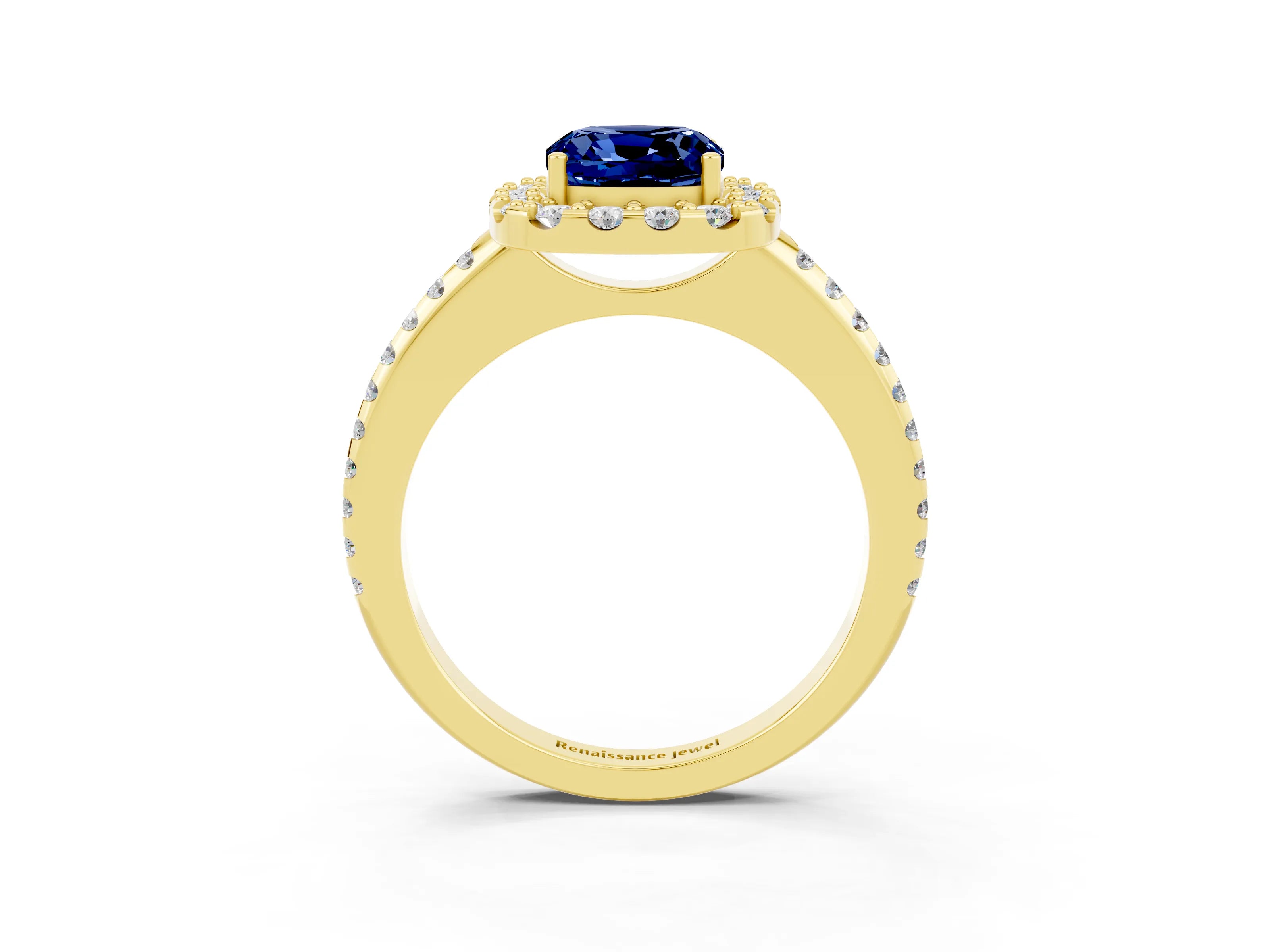 Yellow gold Cushion Cut Blue Sapphire Pavé Halo Ring with Four-Prong Setting_15