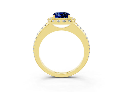 Yellow gold Cushion Cut Blue Sapphire Pavé Halo Ring with Four-Prong Setting_15
