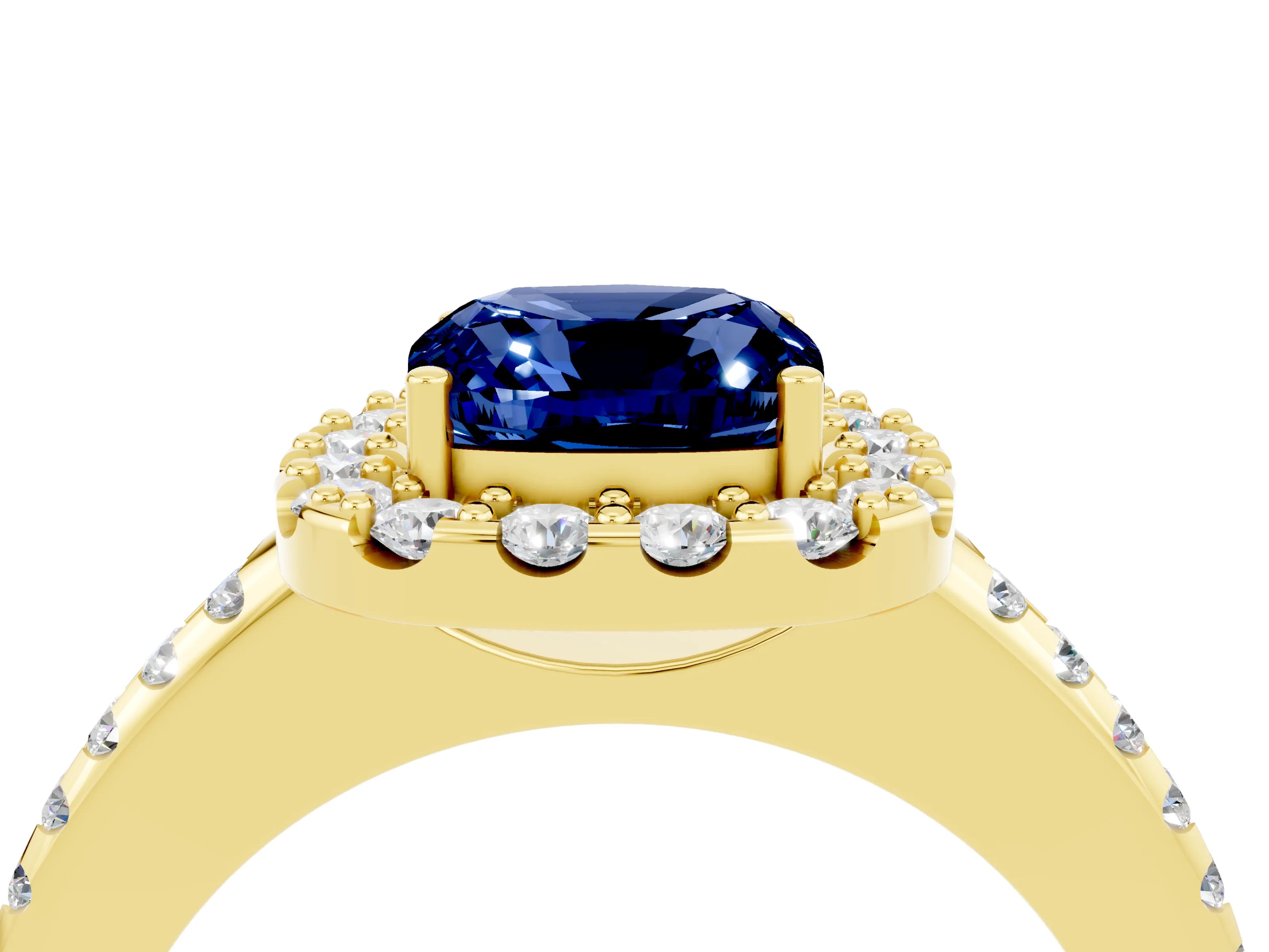 Yellow gold Cushion Cut Blue Sapphire Pavé Halo Ring with Four-Prong Setting_16
