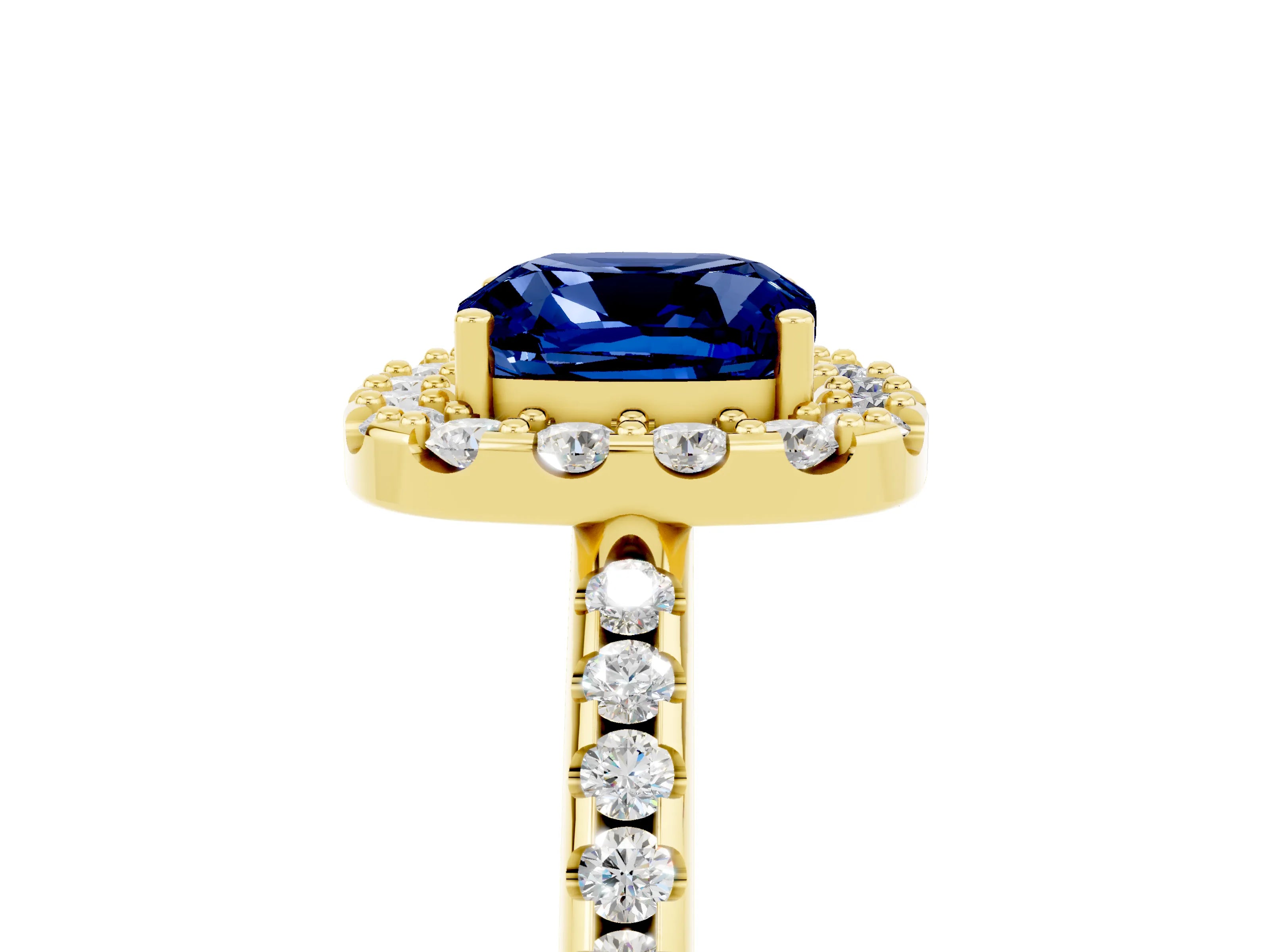 Yellow gold Cushion Cut Blue Sapphire Pavé Halo Ring with Four-Prong Setting_17