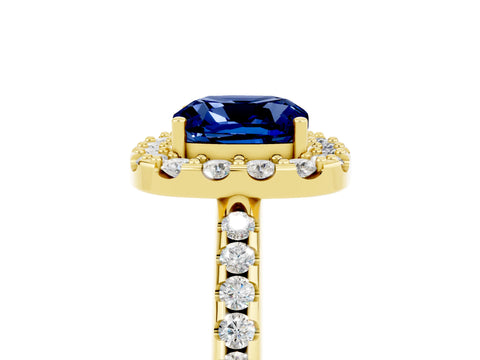 Yellow gold Cushion Cut Blue Sapphire Pavé Halo Ring with Four-Prong Setting_17