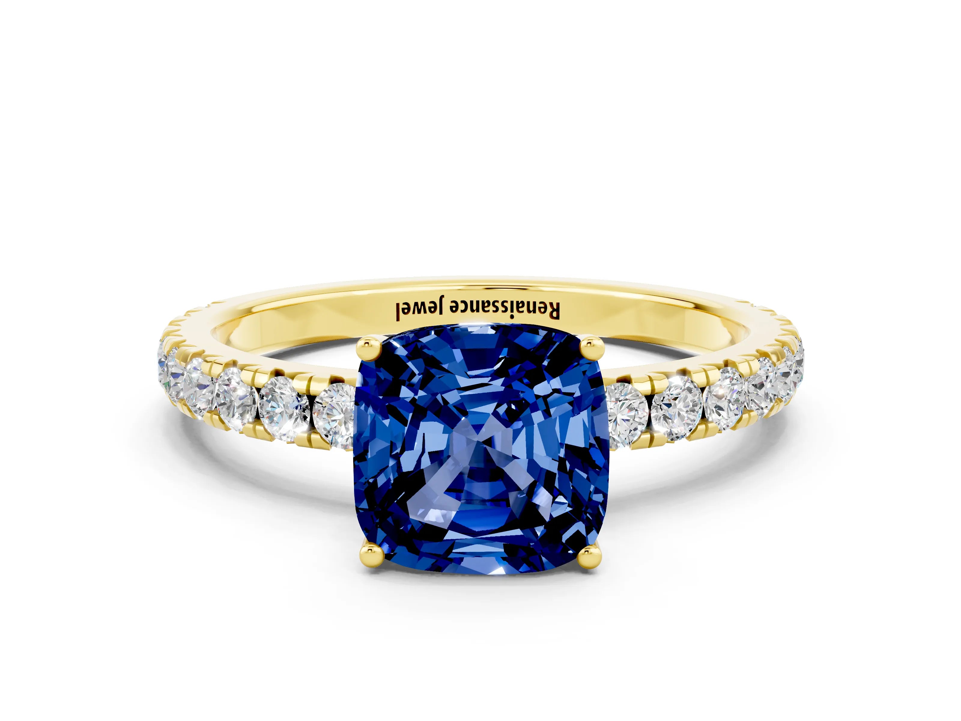 Yellow gold Cushion Cut Blue Sapphire Pavé Solitaire Engagement Ring with Four-Prong Setting_12