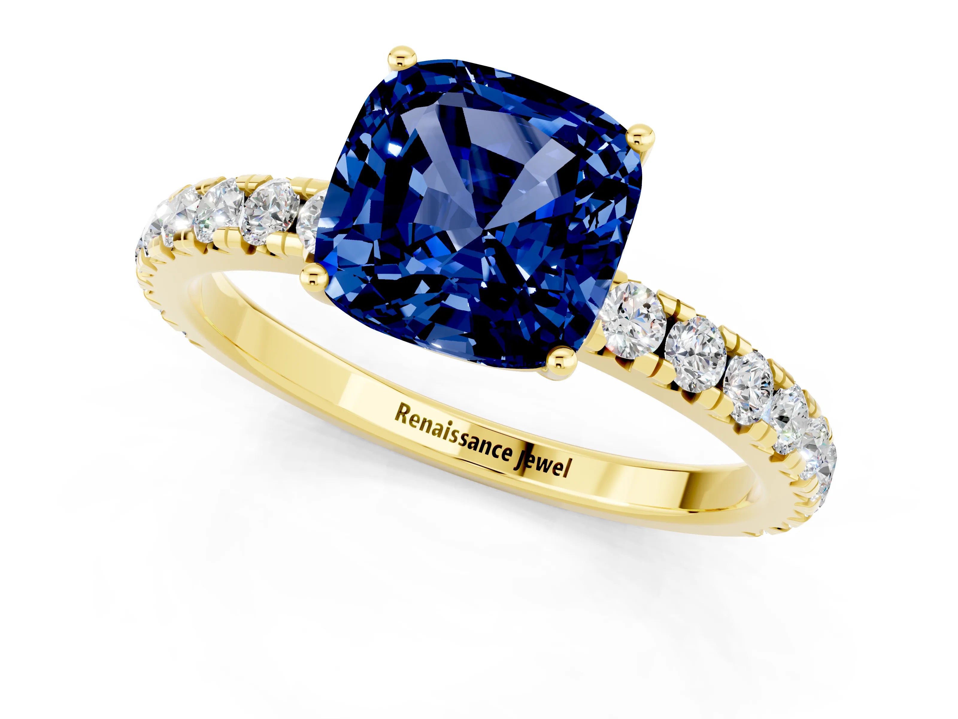 Yellow gold Cushion Cut Blue Sapphire Pavé Solitaire Engagement Ring with Four-Prong Setting_13