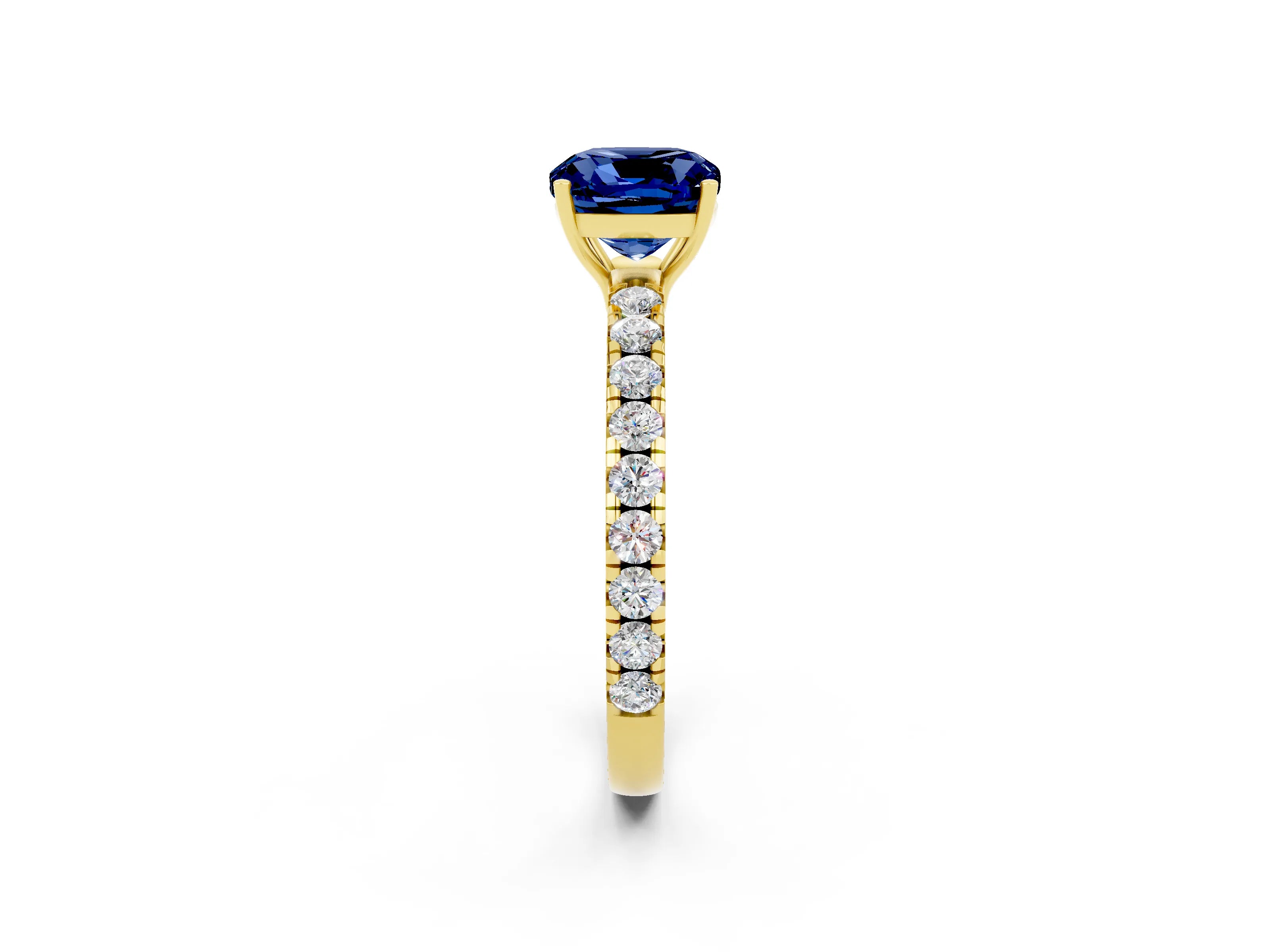 Yellow gold Cushion Cut Blue Sapphire Pavé Solitaire Engagement Ring with Four-Prong Setting_14