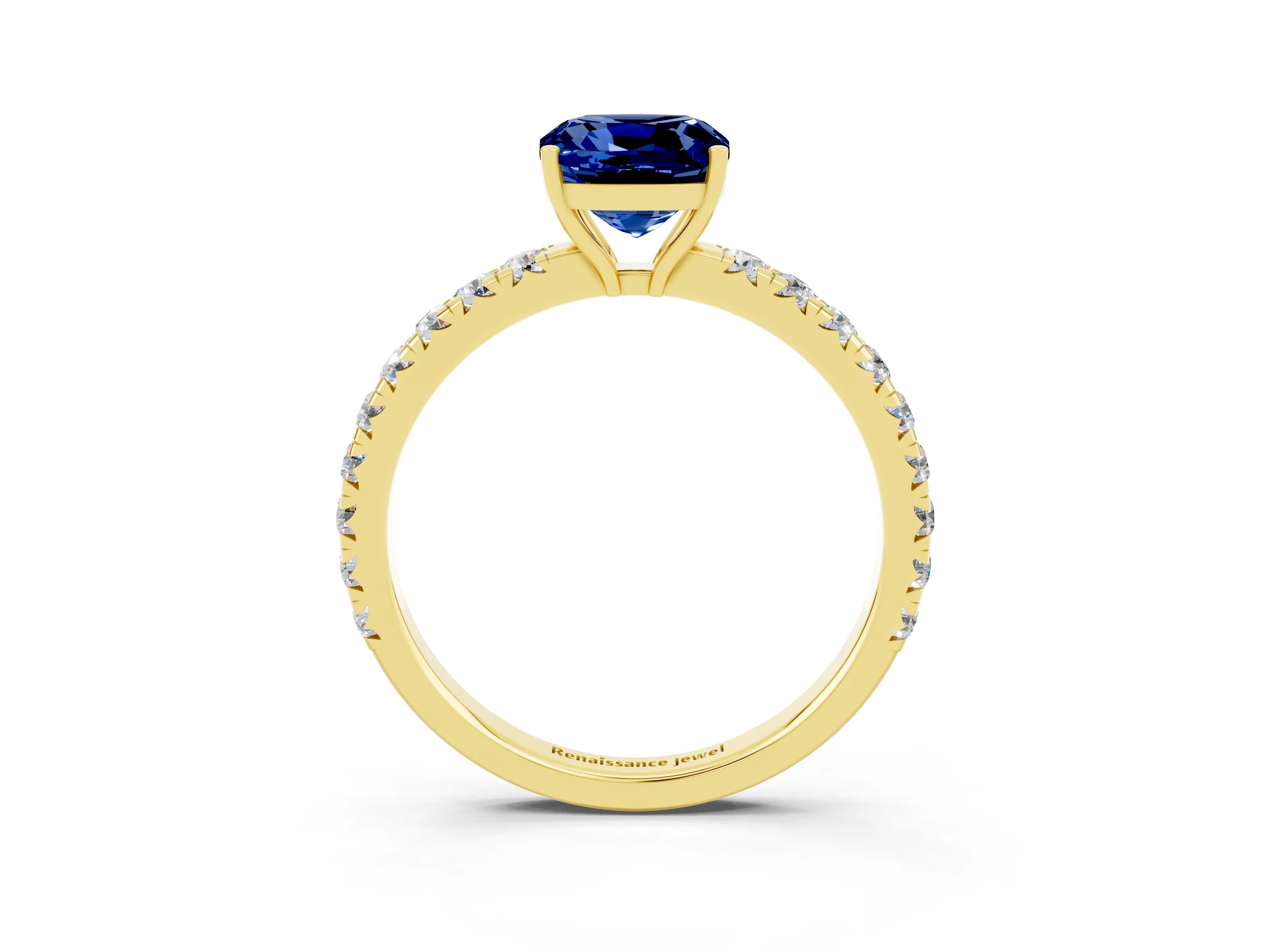 Yellow gold Cushion Cut Blue Sapphire Pavé Solitaire Engagement Ring with Four-Prong Setting_15