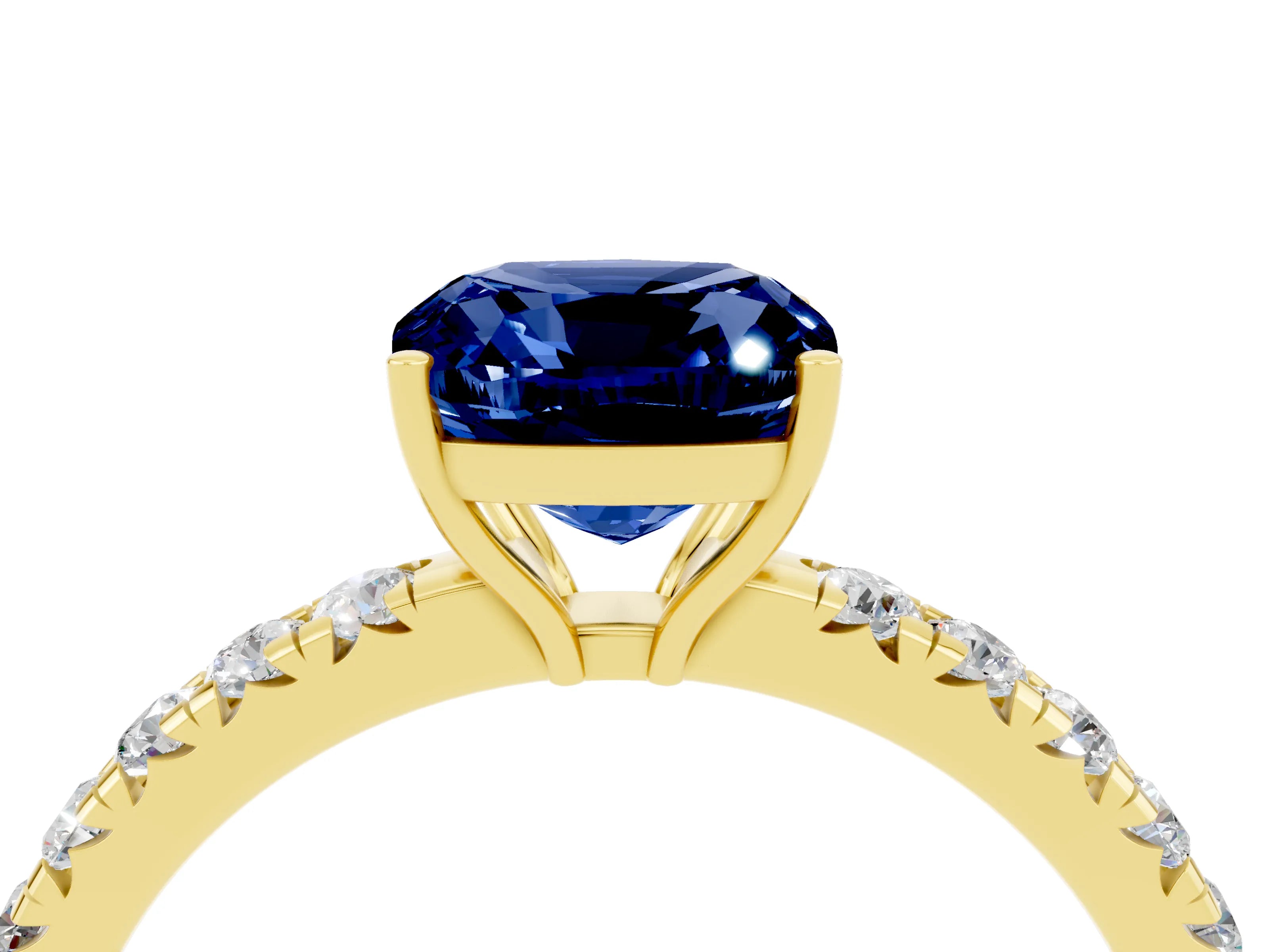 Yellow gold Cushion Cut Blue Sapphire Pavé Solitaire Engagement Ring with Four-Prong Setting_16