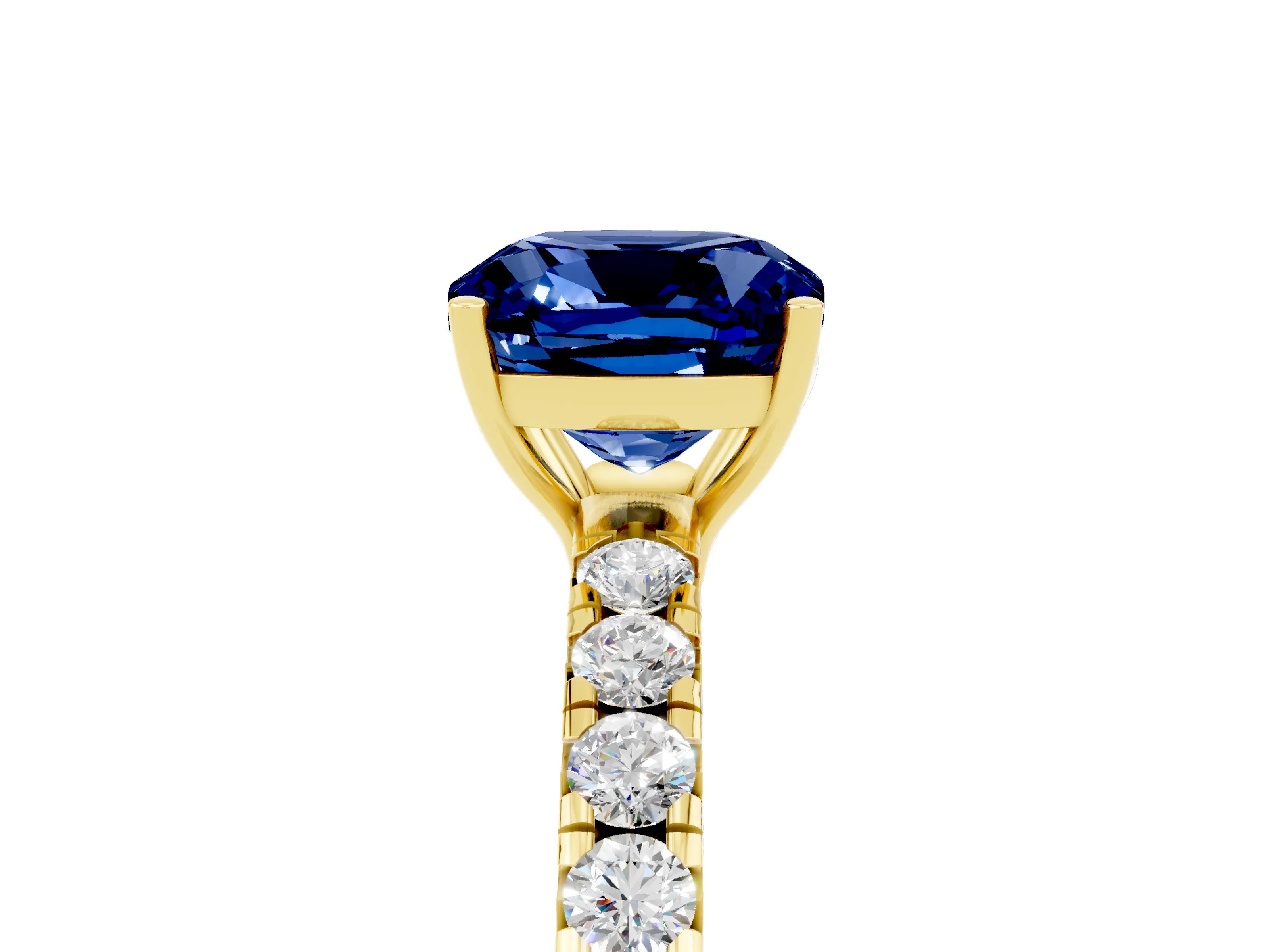 Yellow gold Cushion Cut Blue Sapphire Pavé Solitaire Engagement Ring with Four-Prong Setting_17