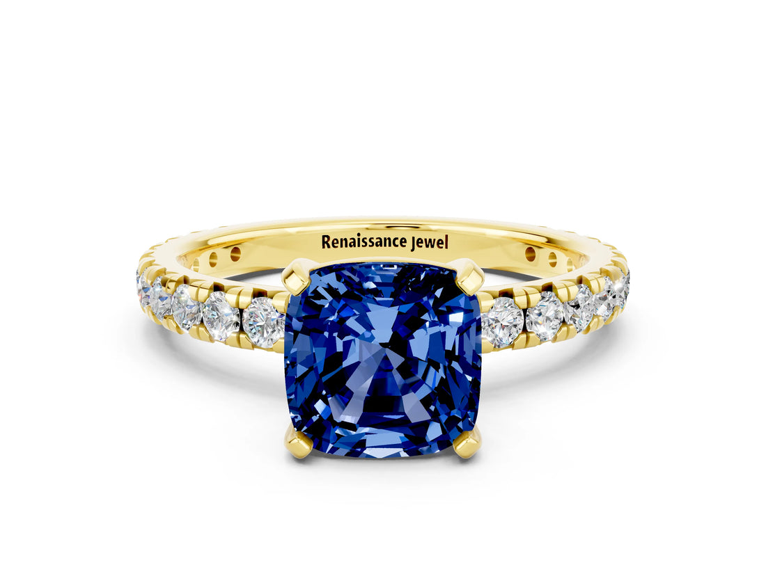 Yellow gold Cushion Cut Blue Sapphire Pavé Solitaire Ring with Round Band and Prong Setting_24