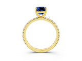 Yellow gold Cushion Cut Blue Sapphire Pavé Solitaire Ring with Round Band and Prong Setting_27