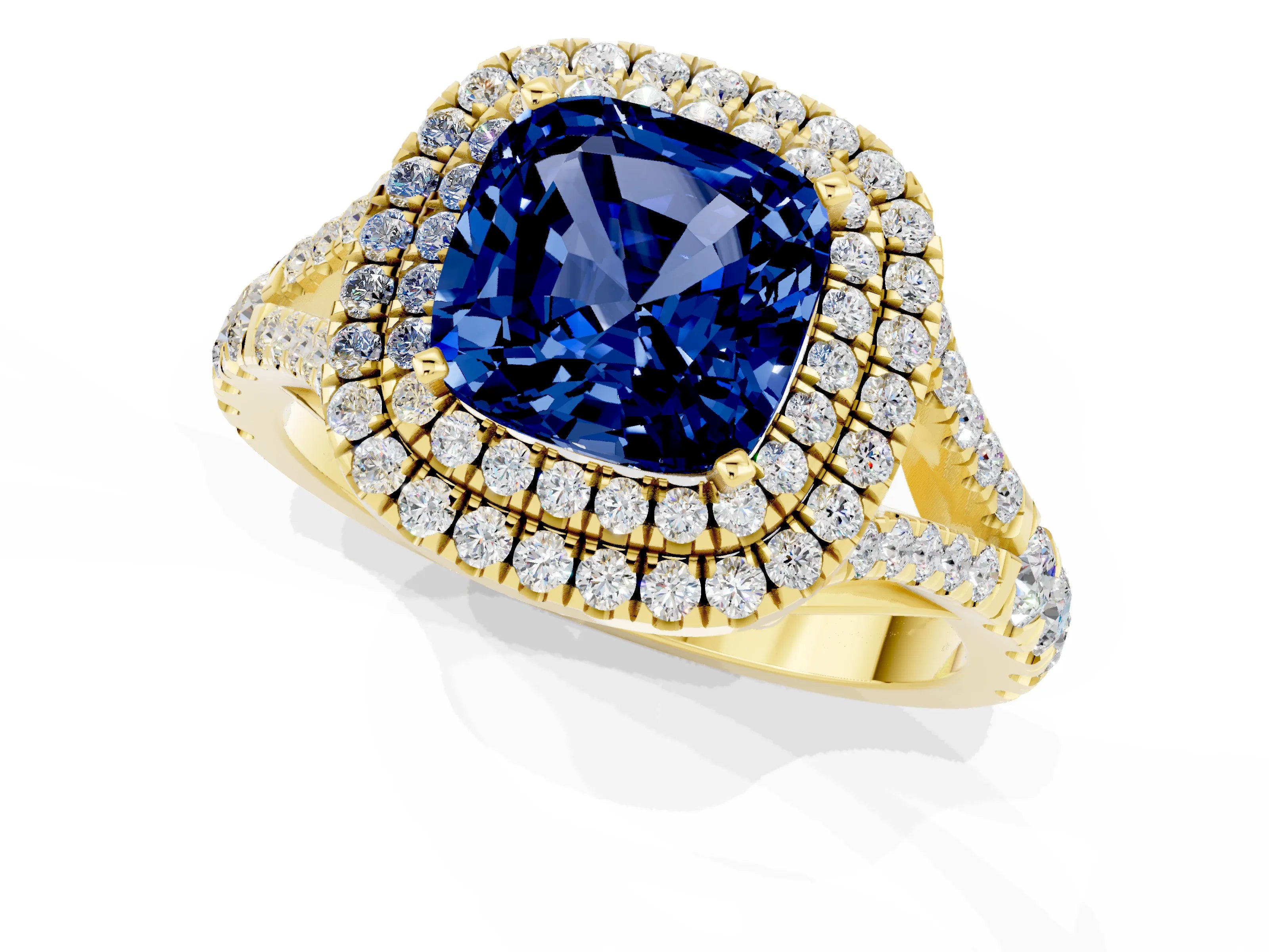 Yellow gold Cushion Cut Blue Sapphire Pavé Split Shank Double Halo Engagement Ring_1