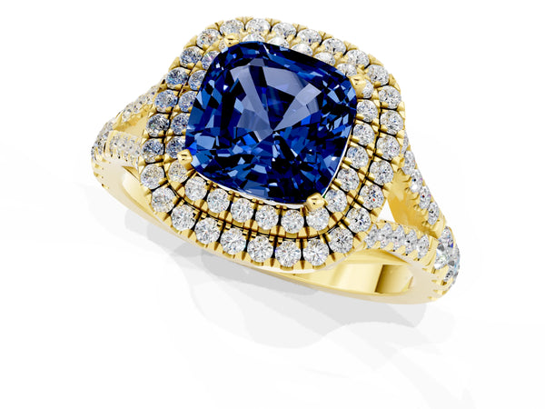 Yellow gold Cushion Cut Blue Sapphire Pavé Split Shank Double Halo Engagement Ring