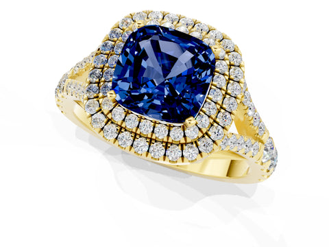 Yellow gold Cushion Cut Blue Sapphire Pavé Split Shank Double Halo Engagement Ring_1