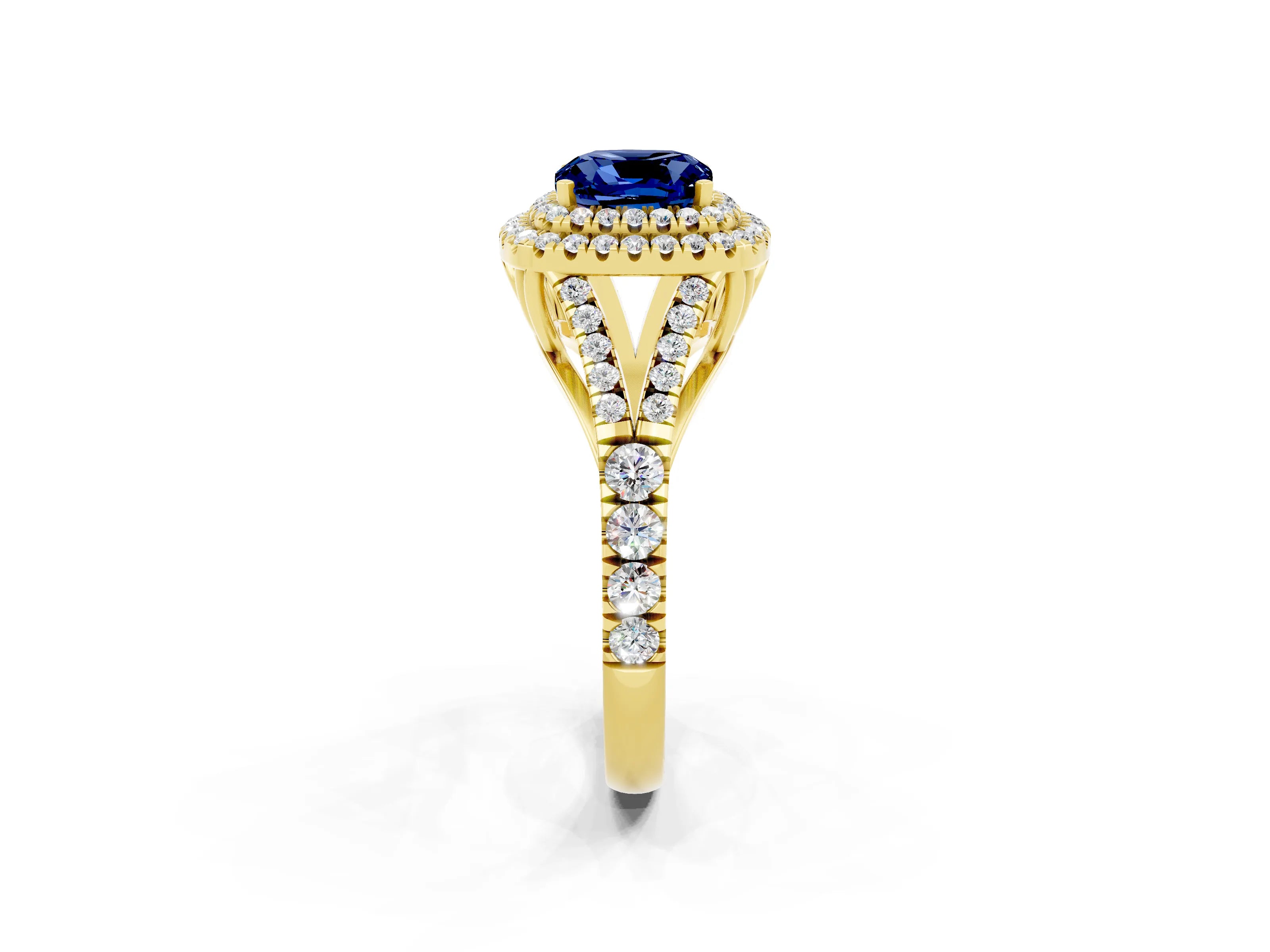 Yellow gold Cushion Cut Blue Sapphire Pavé Split Shank Double Halo Engagement Ring_2