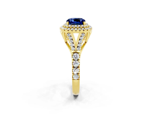 Yellow gold Cushion Cut Blue Sapphire Pavé Split Shank Double Halo Engagement Ring