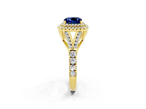 Yellow gold Cushion Cut Blue Sapphire Pavé Split Shank Double Halo Engagement Ring_2