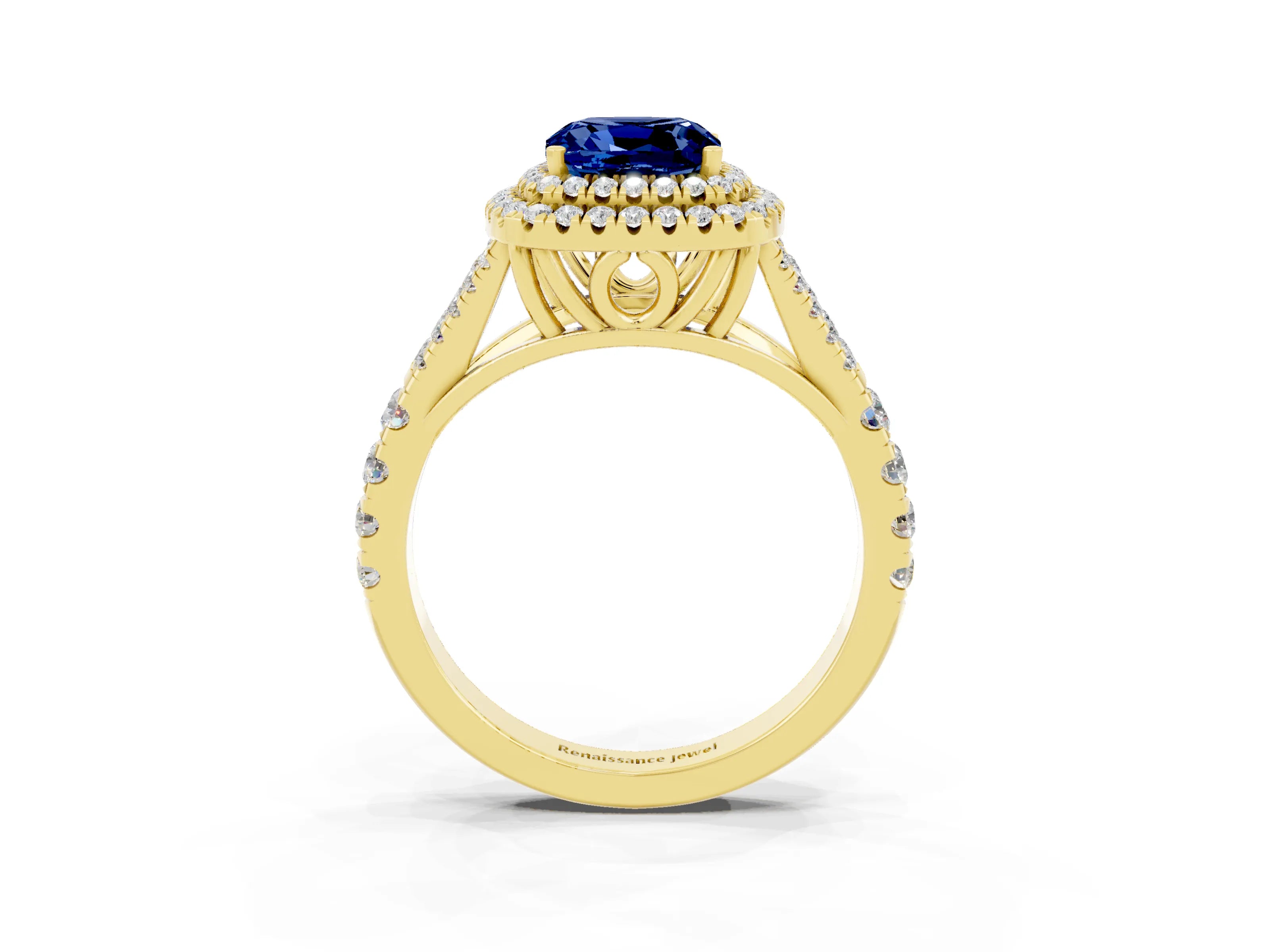 Yellow gold Cushion Cut Blue Sapphire Pavé Split Shank Double Halo Engagement Ring_3