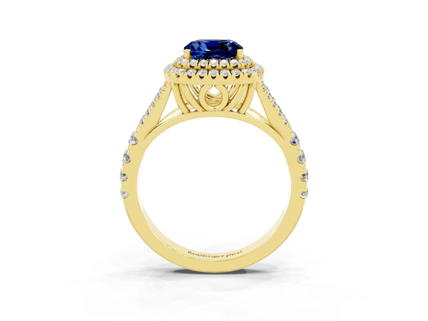Yellow gold Cushion Cut Blue Sapphire Pavé Split Shank Double Halo Engagement Ring