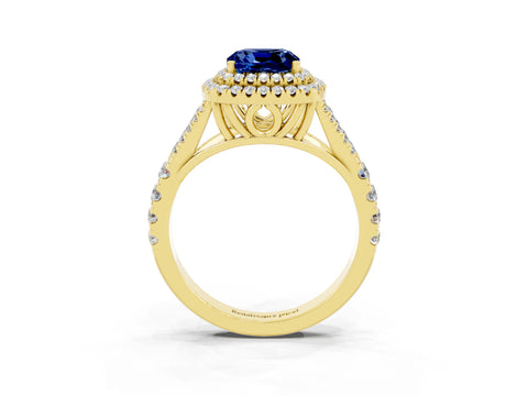 Yellow gold Cushion Cut Blue Sapphire Pavé Split Shank Double Halo Engagement Ring_3