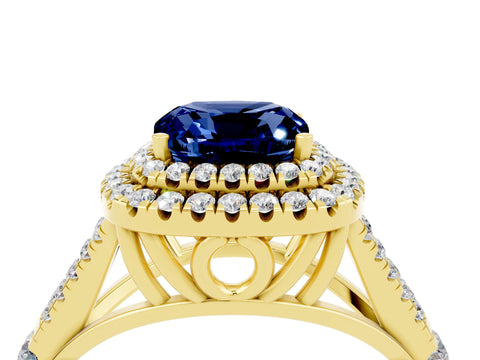 Yellow gold Cushion Cut Blue Sapphire Pavé Split Shank Double Halo Engagement Ring_4
