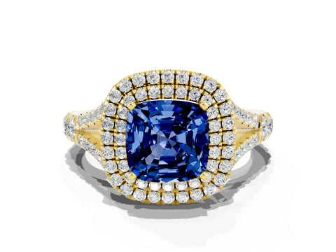 Yellow gold Cushion Cut Blue Sapphire Pavé Split Shank Double Halo Engagement Ring