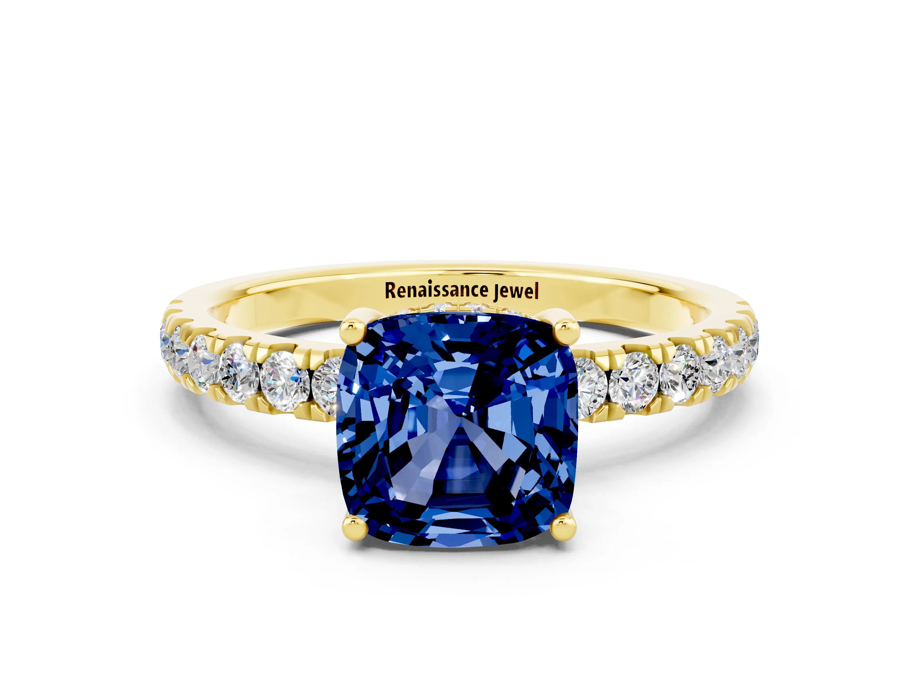 Yellow gold Cushion Cut Blue Sapphire Pave Band Solitaire Ring with Four-Prong Setting_24