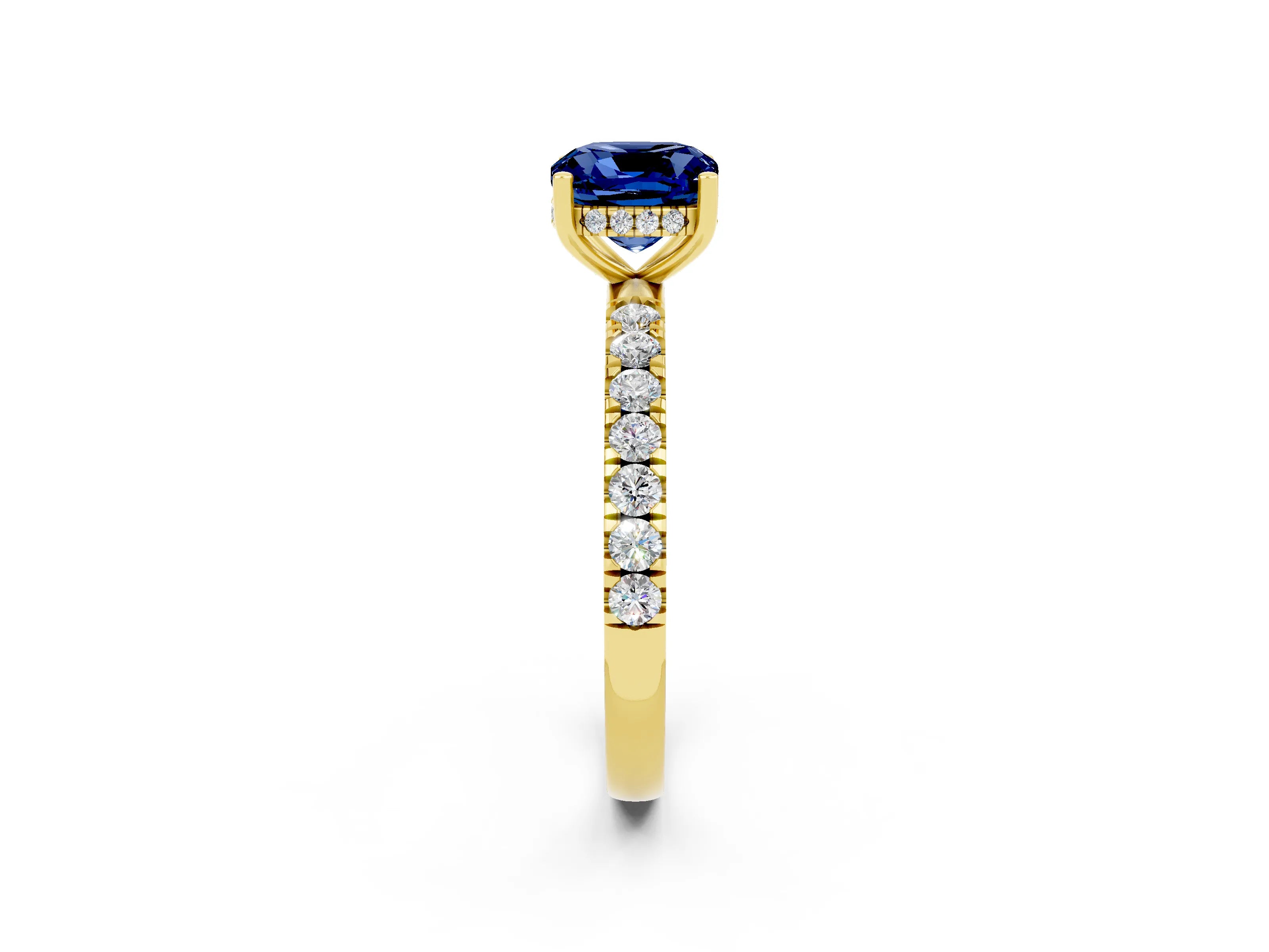 Yellow gold Cushion Cut Blue Sapphire Pave Band Solitaire Ring with Four-Prong Setting_26