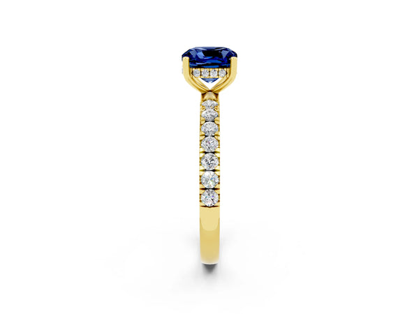Yellow gold Cushion Cut Blue Sapphire Pave Band Solitaire Ring with Round  and Prong Setting