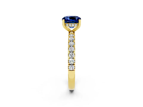 Yellow gold Cushion Cut Blue Sapphire Pave Band Solitaire Ring with Four-Prong Setting_26
